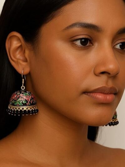 Vintage Handcrafted Dome Earrings, Black Beaded Danglers with Red and Green Floral Enamel Work, Traditional Ethnic Design