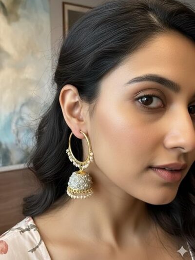 Traditional Gold Plated Pearl Jhumka Earrings, White Meenakari Ball Design with Beaded Drops, Indian Ethnic Wedding Jewelry