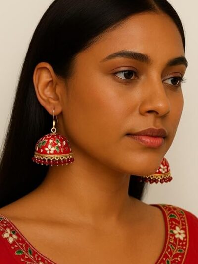 Traditional Handcrafted Red and Gold Jhumka Earrings, Floral Meenakari Design, Gold-Plated with Pearl Beads, Ethnic Indian Jewelry