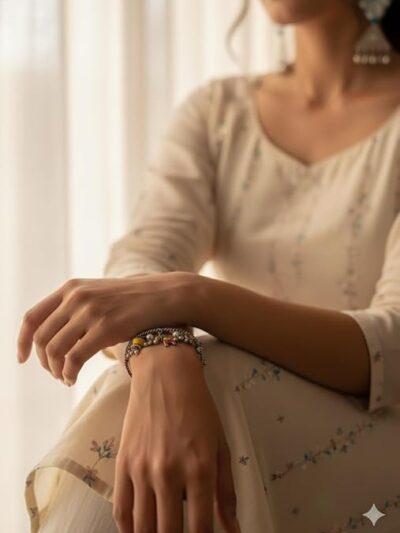 Vintage Charm Bracelet, Antique Chain with Pearl Beads, Red and Yellow Enamel Charms, Bohemian Style Jewelry