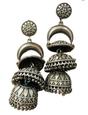 Traditional Oxidised Silver Jhumka Earrings, 3-Tier Layered Design with Floral Pattern, Ethnic Drop Earrings - Image 2