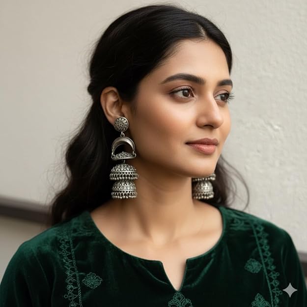 Traditional Oxidised Silver Jhumka Earrings, 3-Tier Layered Design with Floral Pattern, Ethnic Drop Earrings