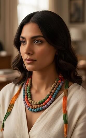 Handcrafted Fabric Bead Necklace, Multi-Strand Design, Orange and Green Colours with Turquoise Ribbon