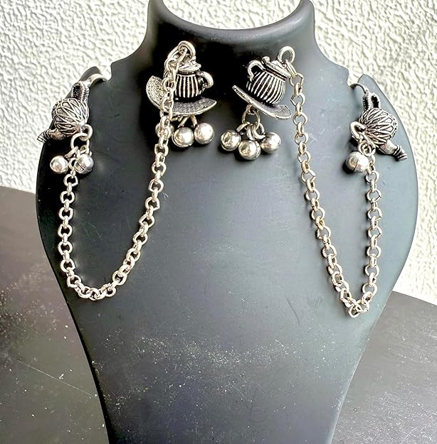 Vintage Tea Set Design Ear Cuff Chain Earrings, Antique Silver Plated, Teapot Charm with Dangling Bells, Traditional Indian Style - Image 2