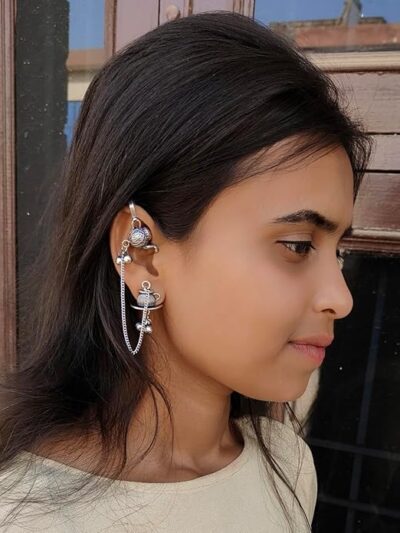 Vintage Tea Set Design Ear Cuff Chain Earrings, Antique Silver Plated, Teapot Charm with Dangling Bells, Traditional Indian Style