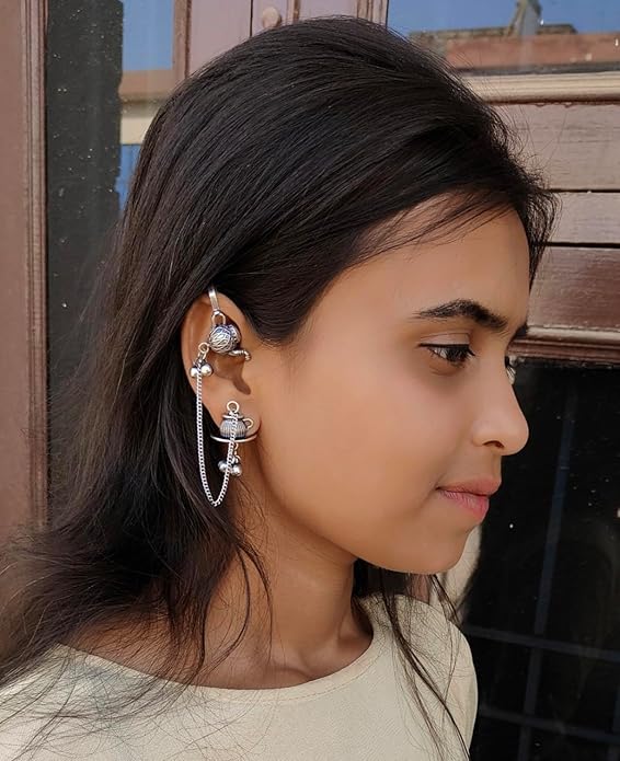 Vintage Tea Set Design Ear Cuff Chain Earrings, Antique Silver Plated, Teapot Charm with Dangling Bells, Traditional Indian Style