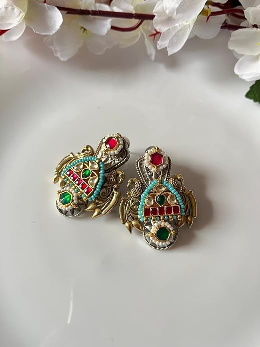 Vintage Style Statement earrings with Turquoise Beads, Red and Green Stones, Gold-Tone Metallic Finish, Pearl Accents, Ornate Floral Design - Image 2