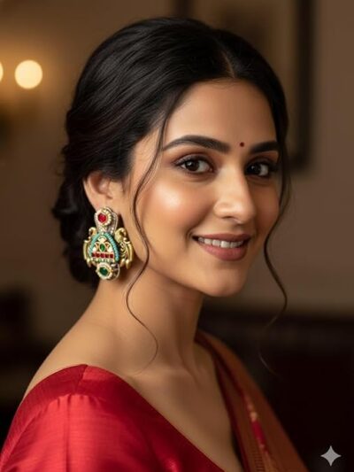 Vintage Style Statement earrings with Turquoise Beads, Red and Green Stones, Gold-Tone Metallic Finish, Pearl Accents, Ornate Floral Design