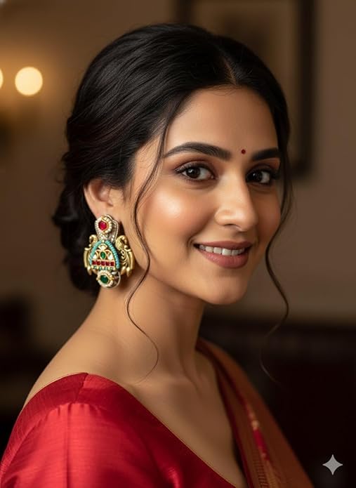 Vintage Style Statement earrings with Turquoise Beads, Red and Green Stones, Gold-Tone Metallic Finish, Pearl Accents, Ornate Floral Design