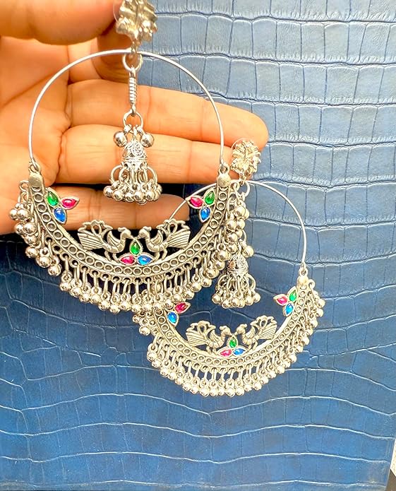 Traditional Oxidised Silver Hoop Earrings with Multicolour Stones, Peacock Design, Jhumka Style - Image 2