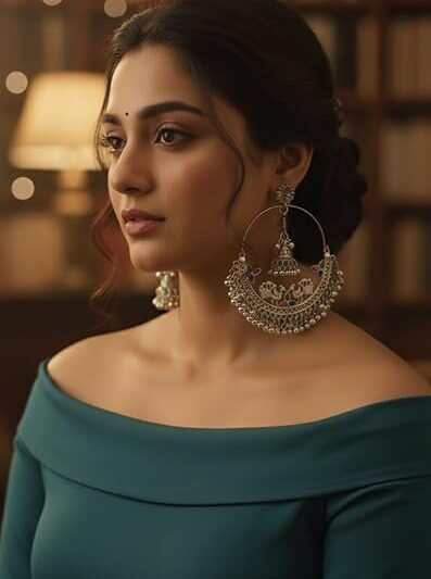 Traditional Oxidised Silver Hoop Earrings with Multicolour Stones, Peacock Design, Jhumka Style