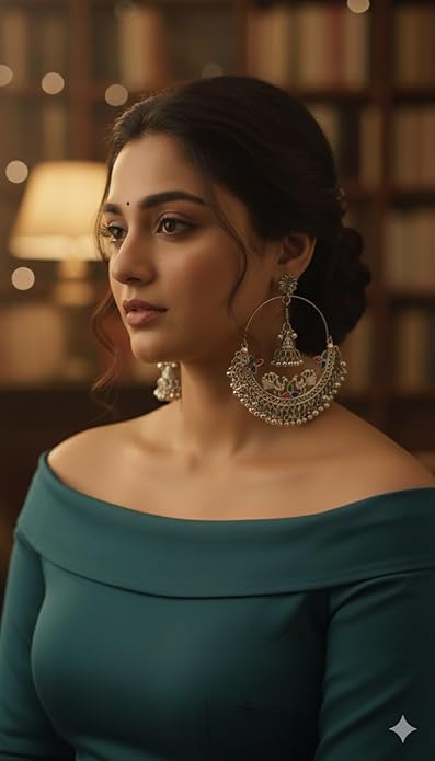 Traditional Oxidised Silver Hoop Earrings with Multicolour Stones, Peacock Design, Jhumka Style