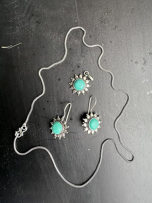 Turquoise Sunburst Jewelry Set, Necklace and Earrings with Natural Stone, Traditional Sun Design, 3-Piece Set - Image 2