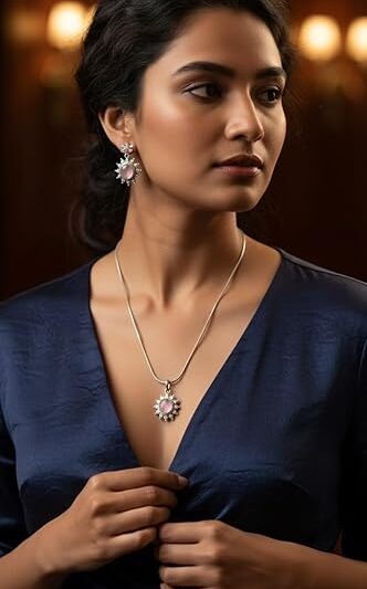 Vintage Style Pink Stone Jewelry Set with Silver Chain, Sunburst Design Pendant and Earrings, Antique Finish