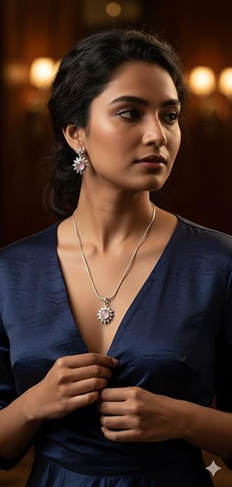 Vintage Style Pink Stone Jewelry Set with Silver Chain, Sunburst Design Pendant and Earrings, Antique Finish