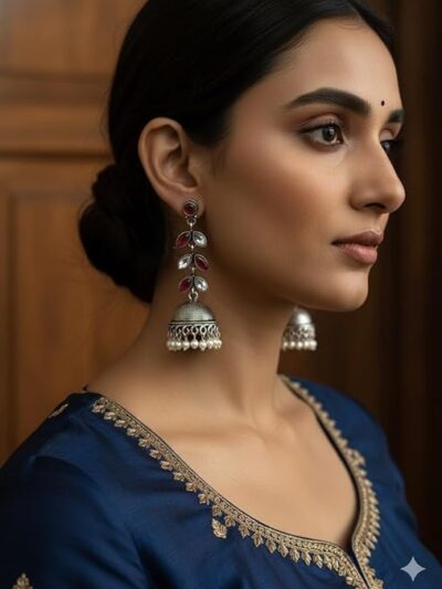 Traditional Silver Jhumka Earrings with Red and White Stones, Pearl Drops, Antique Ethnic Design, Wedding Jewellery