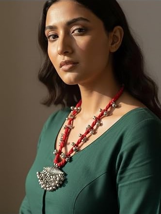 Traditional Antique Silver Pendant Necklace with Red Thread and Ghungroo Bells, Tribal Design