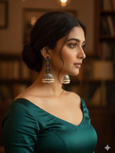 Traditional Silver Jhumka Earrings with Red and Green Stones, Pearl Clusters, Antique Finish