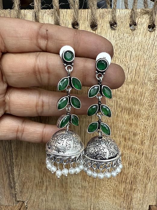 Vintage Style Jhumka Earrings, Green Stone and Pearl Drops, Oxidised Silver, Leaf Design - Image 2