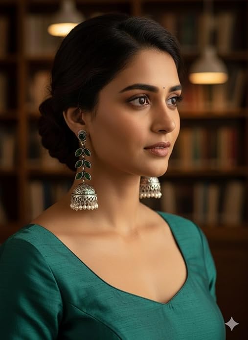 Vintage Style Jhumka Earrings, Green Stone and Pearl Drops, Oxidised Silver, Leaf Design