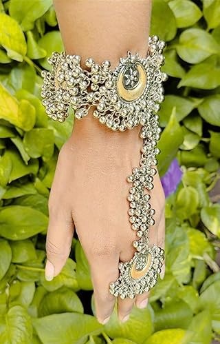Vintage Style Hand Chain Ring Bracelet, Silver Ghungroo Bells with Gold Medallions, Traditional Indian Jewellery