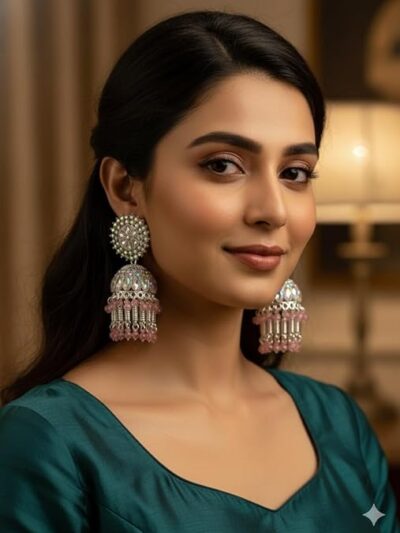 Crystal Jhumka Earrings with Iridescent Stones, Pink Beaded Danglers, Traditional Indian Wedding Jewelry
