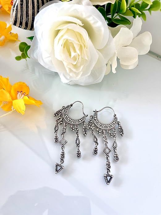 Antique Silver Oxidized Tribal Chandelier Earrings, Geometric Dangling Design, Traditional Ethnic Drop Style, Handcrafted Boho Fashion earrings - Image 2