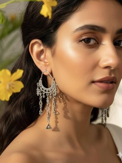 Antique Silver Oxidized Tribal Chandelier Earrings, Geometric Dangling Design, Traditional Ethnic Drop Style, Handcrafted Boho Fashion earrings