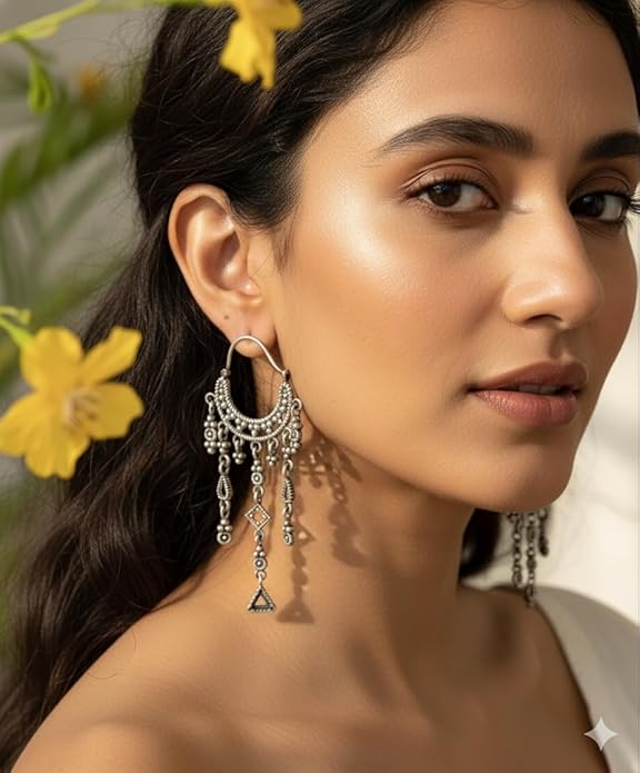 Antique Silver Oxidized Tribal Chandelier Earrings, Geometric Dangling Design, Traditional Ethnic Drop Style, Handcrafted Boho Fashion earrings