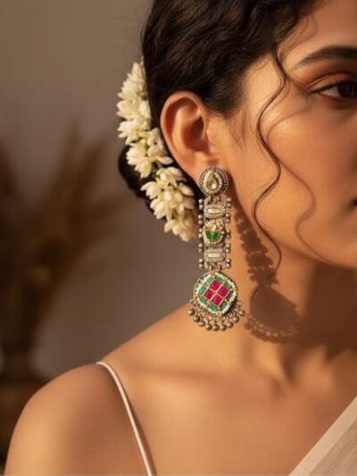 Traditional Indian Silver Earrings, Oxidized Ethnic Long Danglers with Pink and Turquoise Stones, Pearl Accents, Green Enamel Details